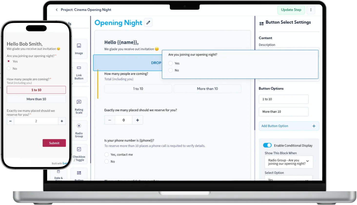 LumoPages builder with the editor on a laptop and the live mobile view of the same multi-stage flow